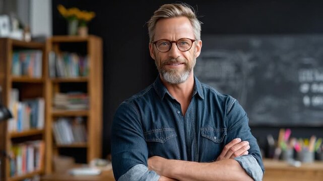 Portrait of a Thoughtful Professional: A distinguished man with graying hair and glasses stands confidently with arms crossed, conveying wisdom and experience in a modern office environment. 