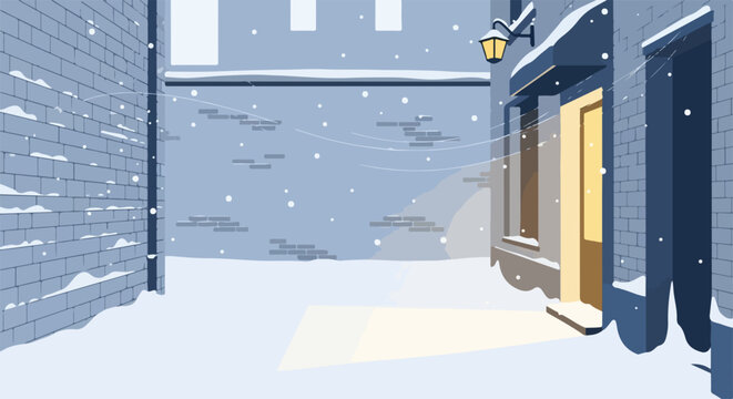 Cozy winter alley scene with falling snow and warm light from shop window, vector illustration.