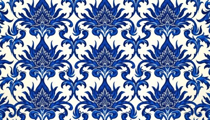 Fototapeta premium Symmetrical blue and white damask pattern with ornate floral scrollwork design