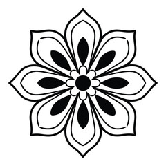 Intricate Black and White Floral Mandala Illustration with Symmetrical Petal Design, Isolated on White for Coloring Pages or Graphic Elements.        