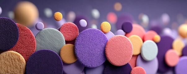 Abstract 3D render of colorful floating circles and spheres in a purple background