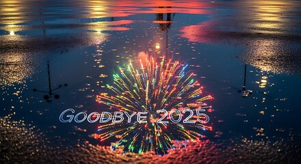 Reflection of fireworks and goodbye year text on wet pavement
