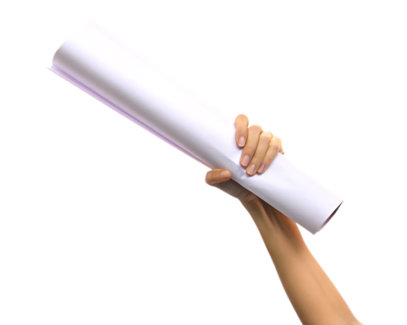  hand holding rolled white poster paper isolated on a transparent background - Powered by Adobe