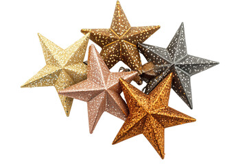 Shining Ornaments: A collection of uniquely textured, star-shaped ornaments of various metallic hues glistens and shimmers, inviting festive cheer and celebratory vibes.