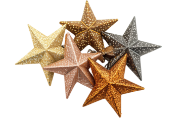 Shining Ornaments: A collection of uniquely textured, star-shaped ornaments of various metallic hues glistens and shimmers, inviting festive cheer and celebratory vibes.