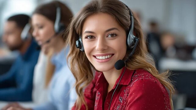Cheerful Customer Support: A close-up showcases a friendly customer service representative, radiating warmth and professionalism while wearing a headset.