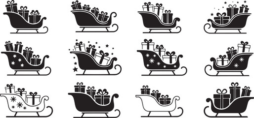 A black and white illustration of a Santa Claus sleigh filled with presents.