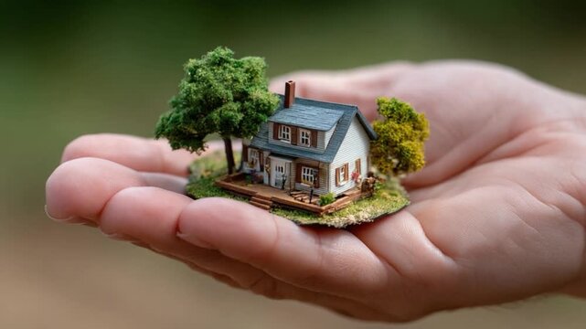 Miniature Dream Home: A tender hand cradles a miniature home, its tiny features capturing the essence of the ideal house with its tranquil atmosphere.