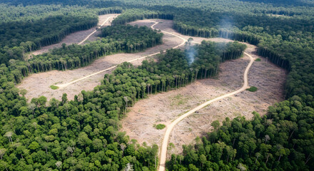 Aerial view reveals devastating deforestation, with vast cleared areas cutting through the lush green rainforest canopy, highlighting the severe environmental impact and ongoing habitat destruction