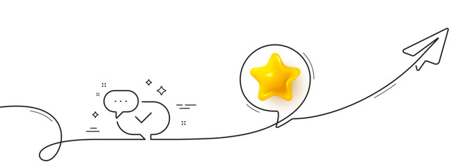 Check mark line icon. Continuous line with share plane. Approved sign. Speech bubble chat symbol. 3d star in speech bubble. Approved single line ribbon. Loop curve pattern. Vector