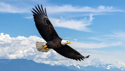 Obraz premium Majestic eagle soaring above mountains and clouds, a symbol of freedom and power