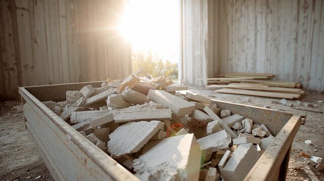 Container filled with debris and construction waste at a chaotic construction site. A ray of sunlight filters through a gap in the solid walls