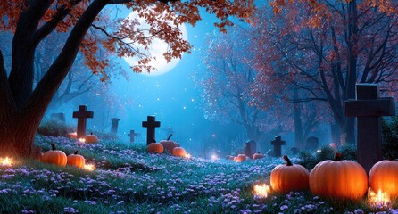 halloween background with a scary graveyard, illuminated jack-o'-lanterns, and a misty forest in a blue-green color scheme