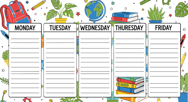 Colorful weekly planner template with school-themed illustrations for organizing tasks from Monday to Friday, ideal for students and educators
