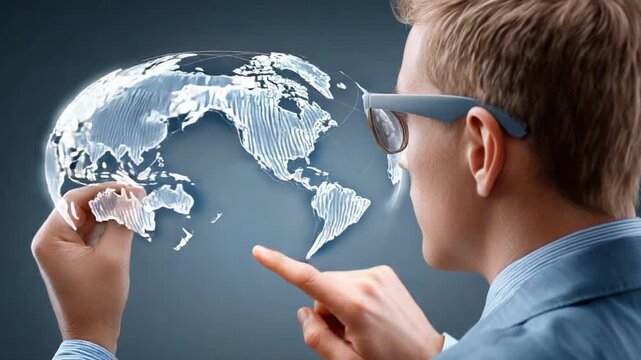 Global Insight: A person gazes intently at a holographic representation of the globe, peering through futuristic glasses, his finger pointing towards a specific area with deep thought.
