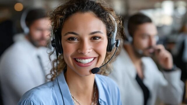 Smiling Customer Service Representative at Work: A radiant customer service representative exudes warmth and attentiveness, poised to assist clients, while colleagues diligently assist.