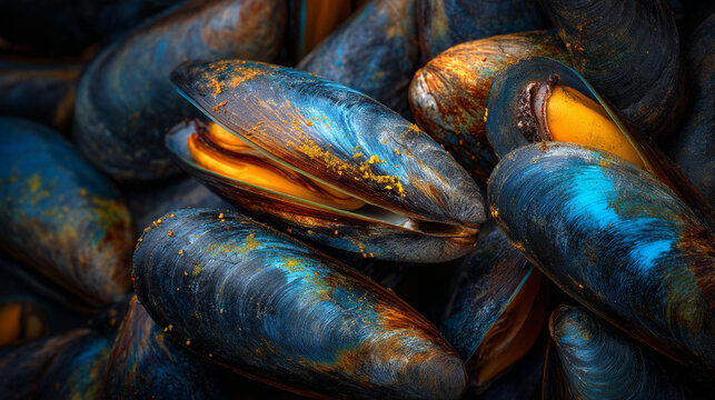 A close up shot showing a pile of mussels with blue and orange shells and a textured appearance