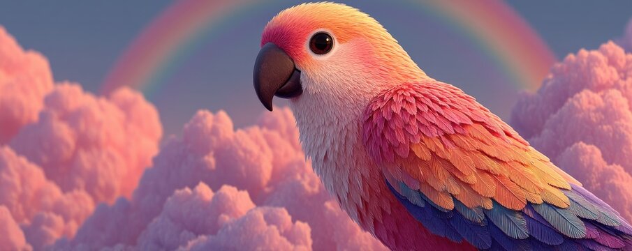 Colorful parrot in flight among rainbow skies with vibrant feathers and cheerful expression