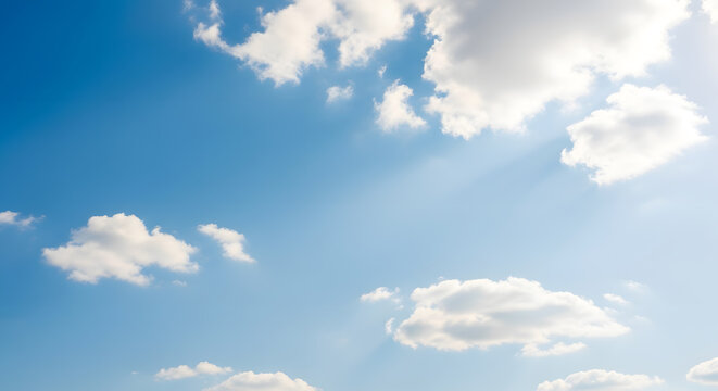 Bright blue sky with puffy clouds and sun rays