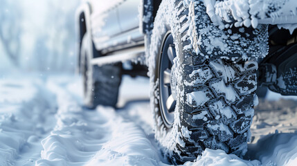Off-road vehicle tire tracks in snow on winter landscape  