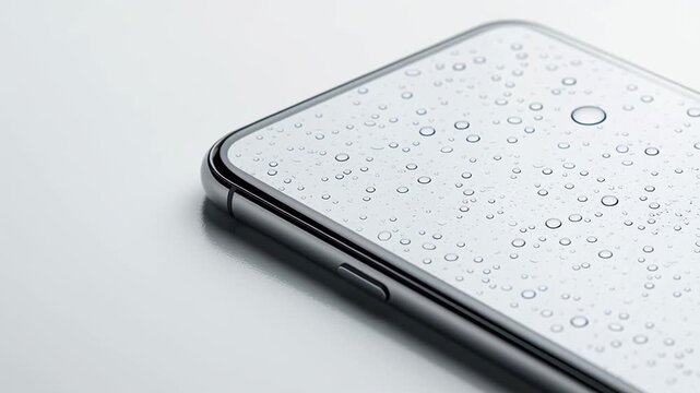 Close up shot of a contemporary smartphone with waterproof and water resistant qualities, adorned with fresh water droplets. The phone is set against a clean white backdrop