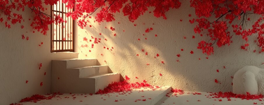 Autumn red maple leaves on a cream wall by a window with steps