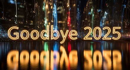Golden goodbye 2025 text with light trails and water reflection
