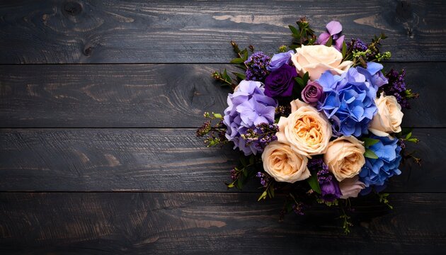 Elegant floral arrangement of hydrangeas and roses on dark wood background - Powered by Adobe