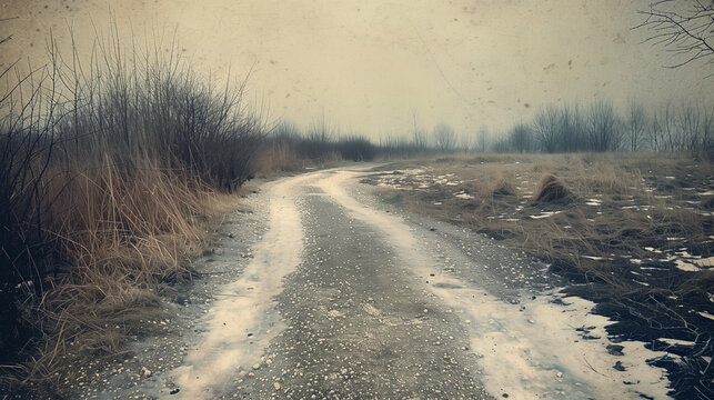 Desolate dirt road winding through winter landscape with overcast sky - Powered by Adobe