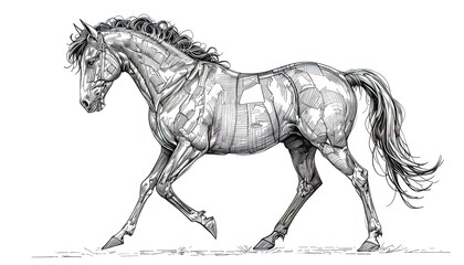 Dynamic monochrome horse illustration with intricate line work evoking strength and elegance, perfect for artistic projects or equestrian themed designs
