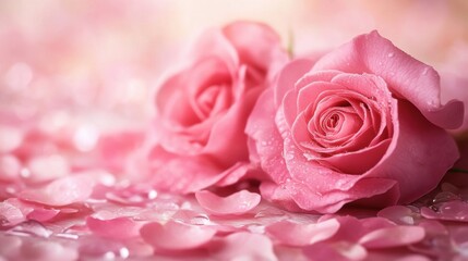 Fototapeta premium Romantic floral arrangement featuring delicate pink roses with soft blurred background