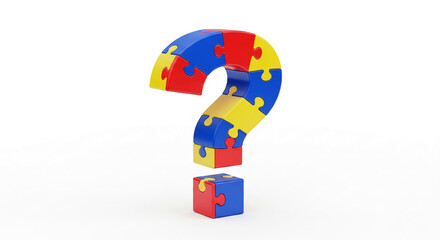 A question mark made of jigsaw puzzle pieces in red, blue and yellow colors, standing on a white surface, representing solution, query or problem