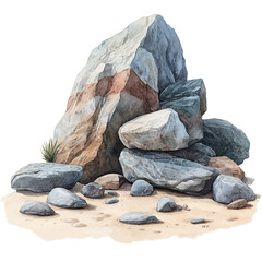 watercolor of Sandy Beach And Rocks, vector, isolated on a white background. © F-ART