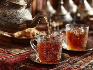 A beautifully engraved metal teapot pouring warm amber tea into ornate glass cups on a richly patterned table, capturing a scene of cultural elegance and hospitality