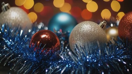 Colorful holiday baubles and tinsel with glimmering lights for seasonal decoration - Powered by Adobe