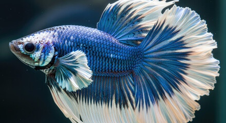 Majestic Blue and White Betta Fish Displaying Its Beauty: Captivating Aquatic Life Portrait Unveiled in Extreme Detail, Stunning Colors
