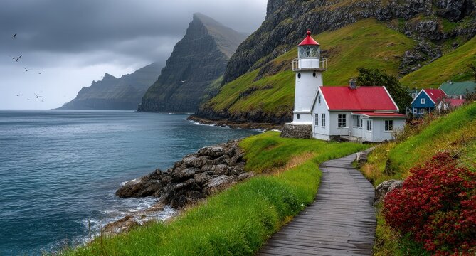 a white lighthouse with a red roof on the edge of a green, grassy cliff, overlooking the ocean and islands in the background