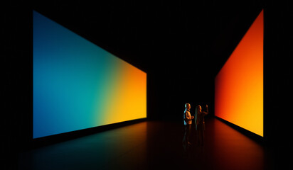 Futuristic scene of gradient gallery illuminating two people exploring vibrant space. Concept of digital installations, AI-enhanced environments, tech art spaces, and immersive future experiences.