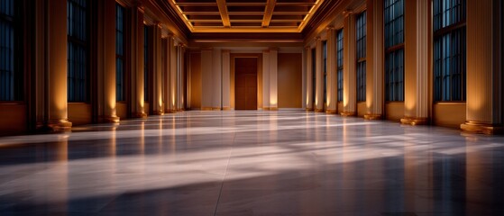 Luxurious Classical Hall with Dramatic Lighting and Reflective Marble Floor