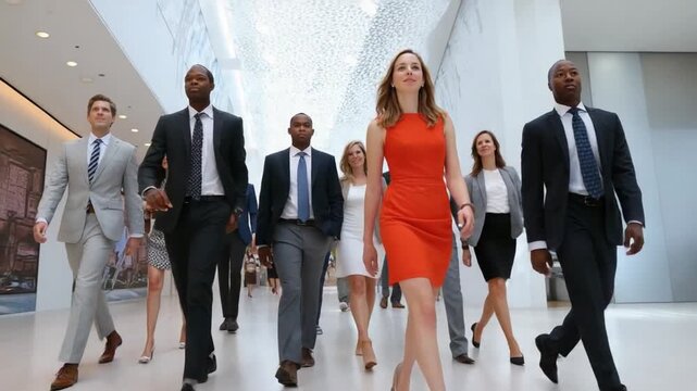 Corporate Elite Stroll: A collection of formally dressed professionals strides confidently through a modern architectural space, exuding a sense of leadership and determination.