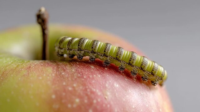 Close up shot of a vibrant green caterpillar slowly crawling on the surface of a juicy apple. A focused glimpse of the larva making its way across the fruit