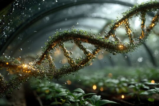 Glowing DNA strands hover above seedlings in a greenhouse, blending biotech and nature for futuristic agriculture