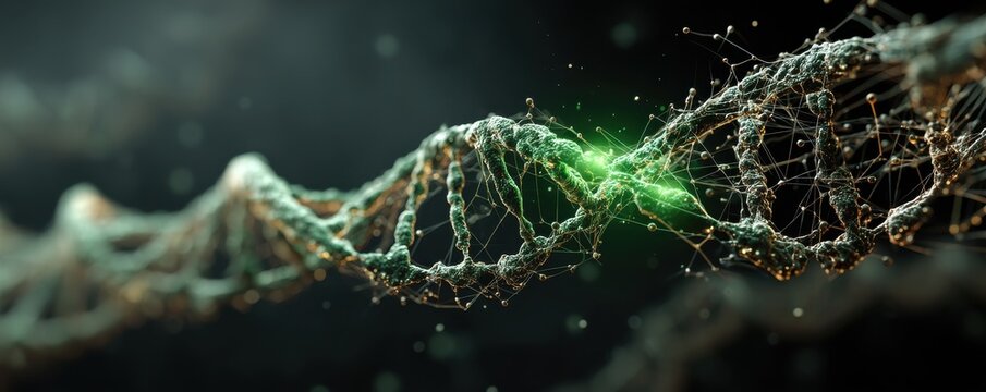 Glowing green DNA double helix beside intricate neural network symbolizing genetics and connectivity in science imagery