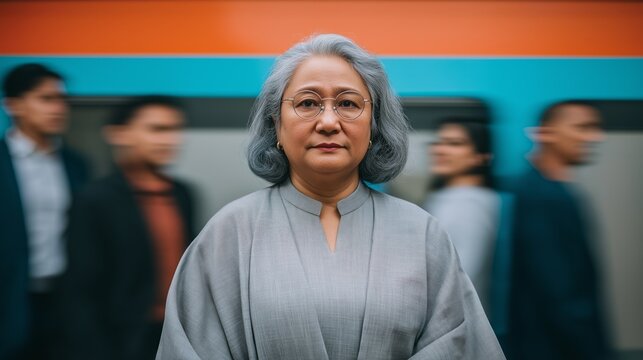 A focused businesswoman with glasses stands confidently in a busy subway station. She wears a stylish outfit, while commuters rush past her in the background, capturing the essence of urban life