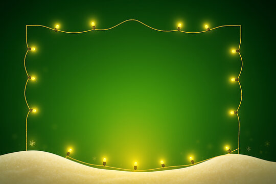 Festive green Christmas background with glowing yellow fairy lights frame and sparkling snow hills, bright holiday blank template for greeting cards, invitations, banners, posters, winter celebration