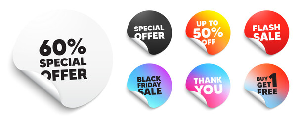 Discount sticker tag. Special offer paper price tags. 60 percent discount offer tag. Sale price promo sign. Special offer symbol. Discount, black friday sticker. Promo banner. Vector