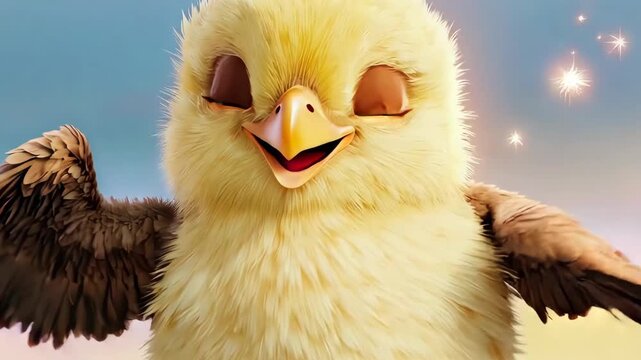 Fluffy chick with open wings, eyes closed, in soft pastel sky