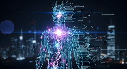 Human silhouette integrating dna and circuit patterns with city background
