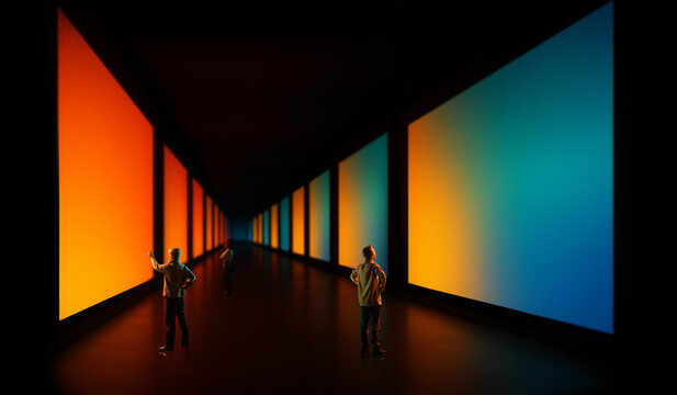Immersive corridor of glowing gradient screens around people in quiet observation design. Concept of futuristic interface spaces, ambient visuals, next generation display surfaces and backgrounds