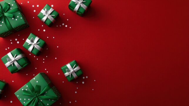 Festive Green Gift Boxes and Confetti on Red Background with Copy Space
